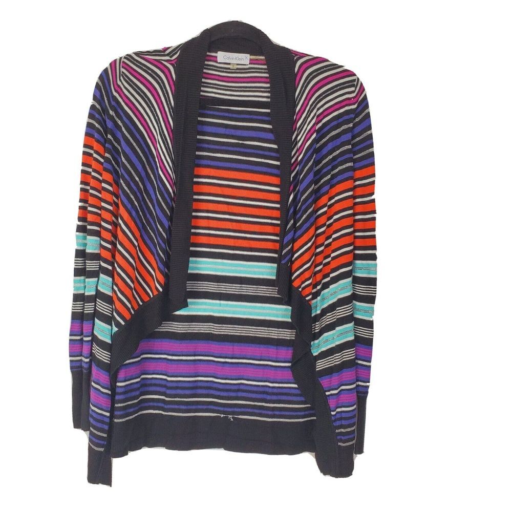 Calvin Klein Women's Black Open Front Striped Cardigan Sweater Size Small